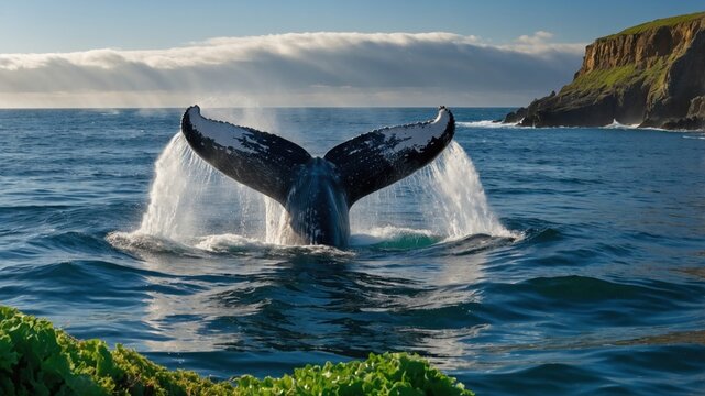 Humpback whale tail splashing in blue ocean water near rocky coast