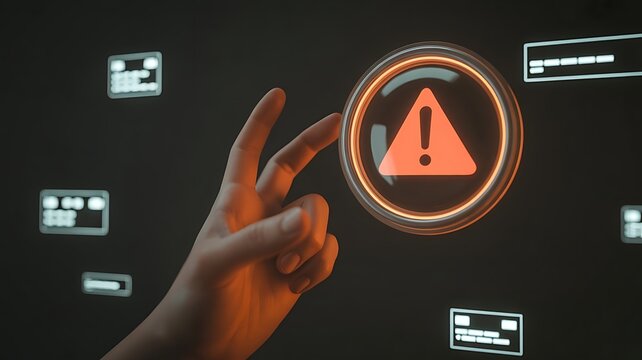 Human hand reaching out to touch a glowing digital warning sign with an exclamation mark on a dark background, with floating data, interface boxes