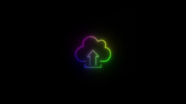 Glowing neon cloud upload animation with arrow on black background, digital computing, network transfer, data backup, or web hosting storage