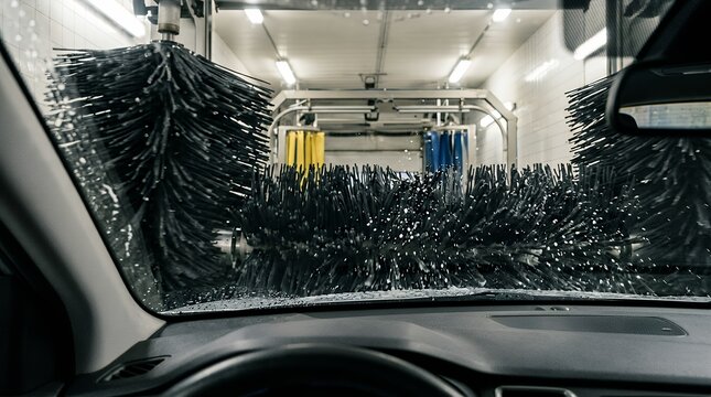 Automated vehicle cleaning bay stationary perspective from cabin interior displaying revolving roller scrubbers constructed from pliable ebony filaments complete surface coverage  Automated vehicle