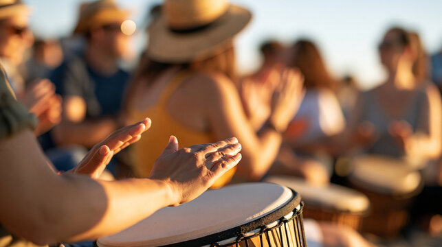 rear view of a beach drum circle gathering with hand drums in bright daylight, backs to camera, rhythmic music and community connection concept, coastal lifestyle, togetherness,