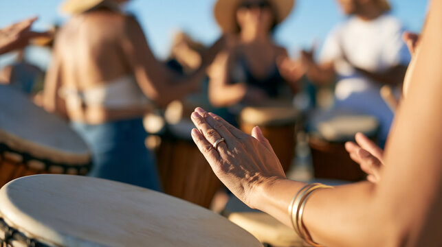rear view of a beach drum circle gathering with hand drums in bright daylight, backs to camera, rhythmic music and community connection concept, coastal lifestyle, togetherness,