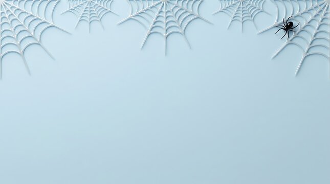 Minimalist halloween background featuring a light blue surface with decorative white spider webs and a small black spider