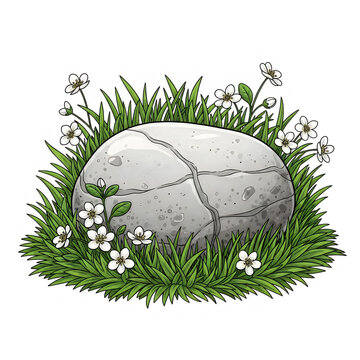 Small rock surrounded by green grass with tiny flowers