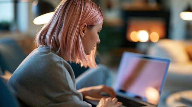 over-the-shoulder view of a teen college student with pink hair sitting on the floor at home learning online on a laptop, face turned away from camera, distance education concept,