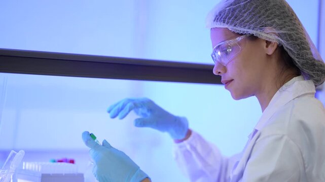 A female research scientist in a white lab coat, hairnet and clear safety goggles comparing two capped tubes then swapping them for a pipette at a professional laboratory workstation.