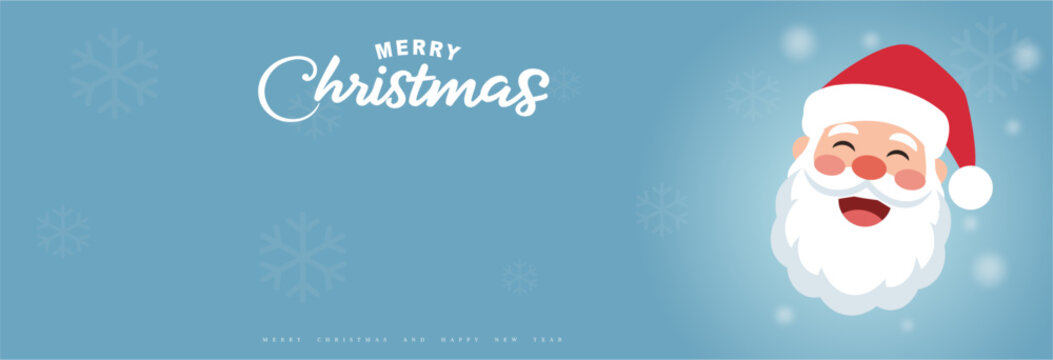 Merry Christmas banner background with smiling santa claus face and large copy space for happy new year sale header