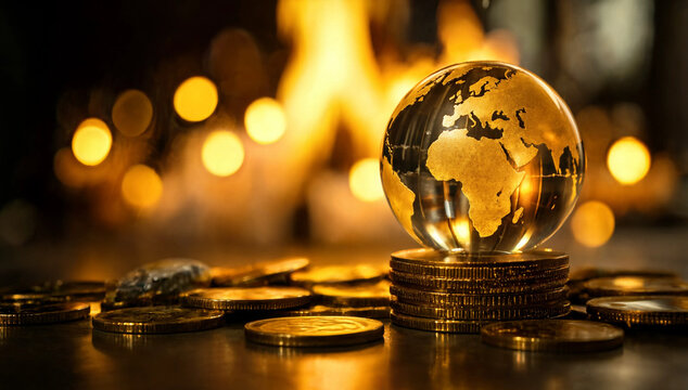 Golden crystal globe on stacks of coins with warm bokeh light background