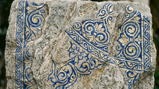 Stone surface featuring blue and golden ornamental motifs rough-hewn rocky panel with pronounced grain non-representational tactile backdrop for digital layouts and header designs  Stone wall