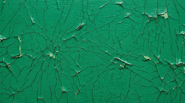 Flat straight-on view of a distressed emerald emerald surface covered in fine fractures and peeling lacquer imperfections