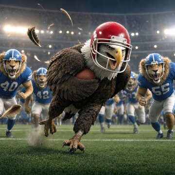 A fierce eagle in a football helmet charges down the field, clutching a football, while lions in football gear are in pursuit