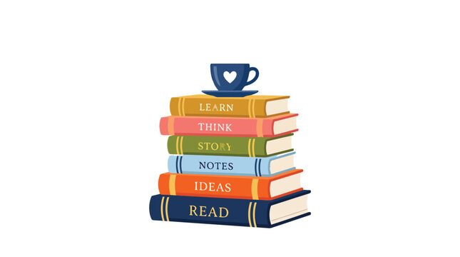 Stack of colorful books with a blue coffee cup
