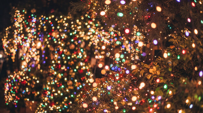 M&aacute;gica exhibici&oacute;n nocturna de m&uacute;ltiples luces navide&ntilde;as multicolores entrelazadas entre ramas y arbustos, creando un vibrante efecto bokeh de ensue&ntilde;o.