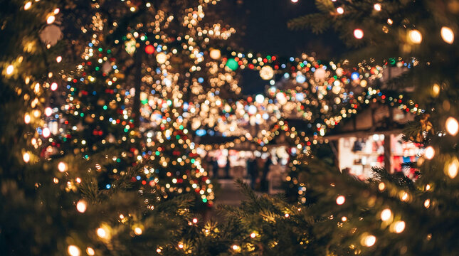 M&aacute;gica exhibici&oacute;n nocturna de m&uacute;ltiples luces navide&ntilde;as multicolores entrelazadas entre ramas y arbustos, creando un vibrante efecto bokeh de ensue&ntilde;o.