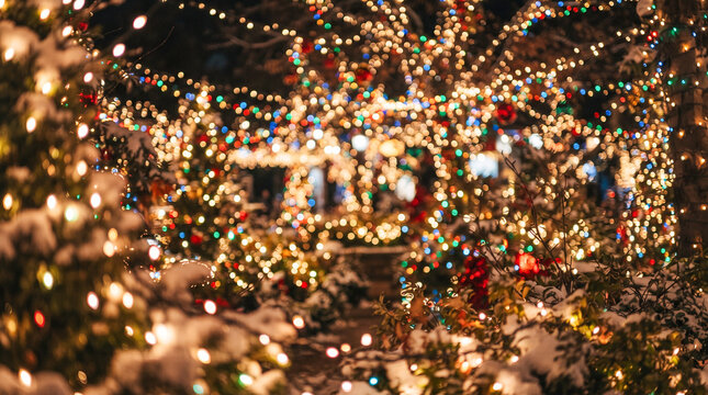 M&aacute;gica exhibici&oacute;n nocturna de m&uacute;ltiples luces navide&ntilde;as multicolores entrelazadas entre ramas y arbustos, creando un vibrante efecto bokeh de ensue&ntilde;o.