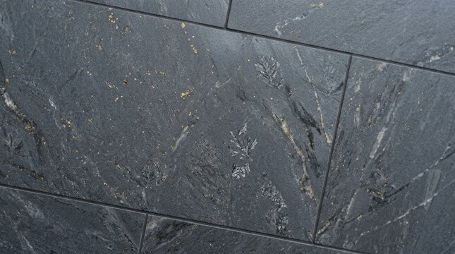 Polished charcoal slate surface with intricate natural mineral flecks and crystallization marks for architectural tile cladding