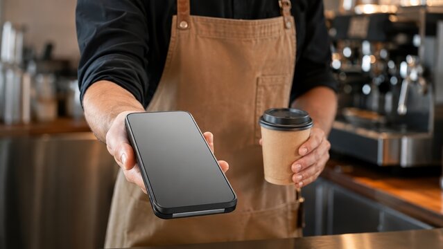 Male barista with payment terminal and takeaway coffee cup in modern cafe, presenting touchscreen checkout, small business banking, merchant services, coffee shop startup and digital payments