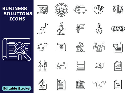 Editable Minimalist Business Solution Icons Set Featuring Magnifying Glass and Document Overlay business-solutions editable-vector-graphics corporate-icons modern-workplace professional-branding