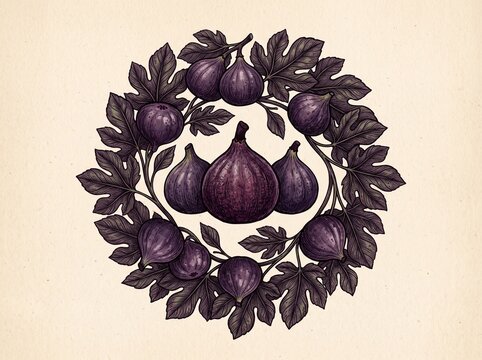 Vintage botanical illustration of purple figs arranged in a circular wreath