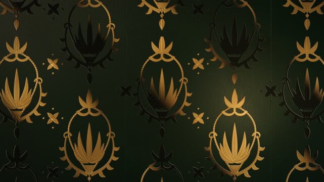 Victorian Damask Wallpaper Loop &mdash; Emerald Green Embossed Pattern with Shimmering Gold