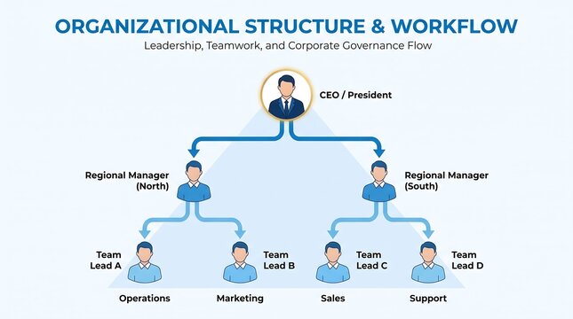 Organizational structure and workflow chart, corporate governance flow diagram with CEO and regional managers, business leadership hierarchy