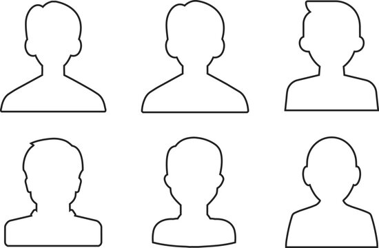 Anonymous User Avatar Icons Set, Outline Male Profile Portraits for Social Media and App Interface Design