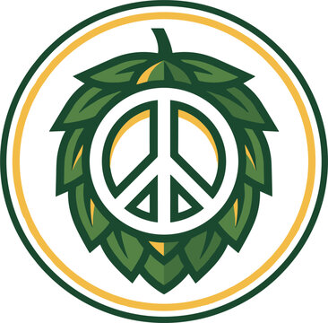 Craft beer hop cone with peace sign symbol circle badge logo design ideal for organic brewery pub eco friendly festival vector illustration