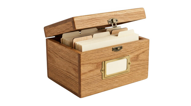 Open wooden index card storage box with brass hardware and file dividers on a white background transparent background