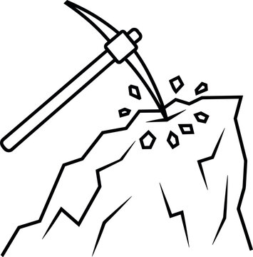 Mining pickaxe striking rock line icon vector illustration, simple linear gold mining process concept design
