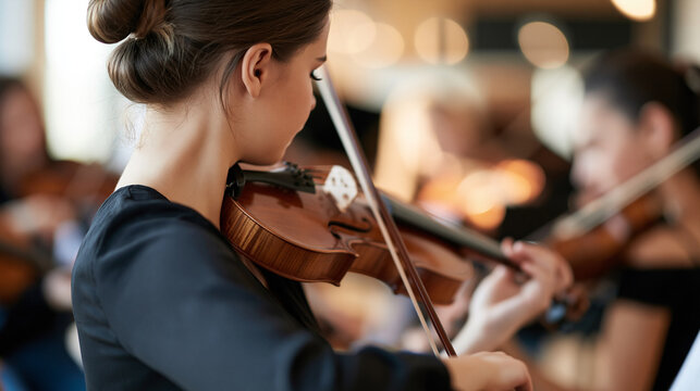 rear view of teenage girls playing violins together during orchestra practice in a bright music room, backs to camera, music education concept, teamwork, arts, school, learning,