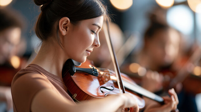 rear view of teenage girls playing violins together during orchestra practice in a bright music room, backs to camera, music education concept, teamwork, arts, school, learning,