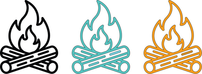 Fototapeta premium Three colorful line art bonfire icons with burning logs isolated on a white background