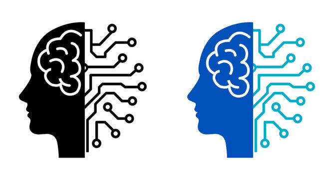 Artificial intelligence icon with brain, human head and circuit network. AI technology symbols for machine learning, automation and innovation.