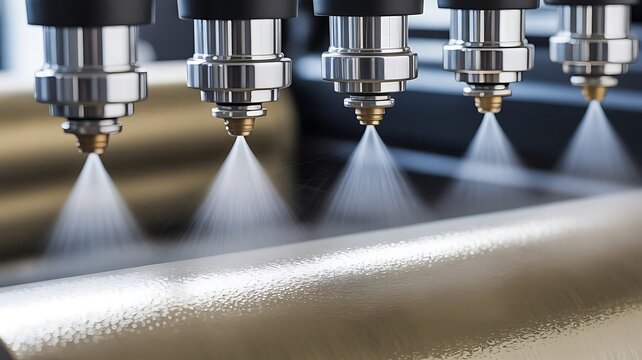 Precision automated spray painting system applying industrial coating to metallic surfaces in a modern tech manufacturing facility environment