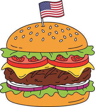Delicious American cheeseburger with sesame bun fresh lettuce tomato cheddar cheese beef patty onion and USA flag toothpick vector stock illustration