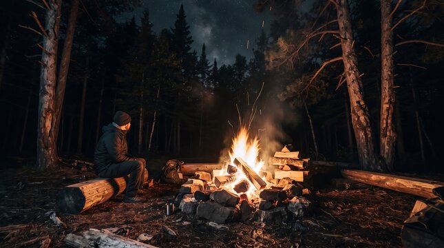 Man sitting alone on log by bright campfire in dark forest under starry sky for peaceful solitary camping experience.
