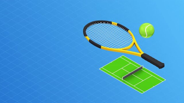 Isometric 3D animation of tennis equipment including racket ball and court.