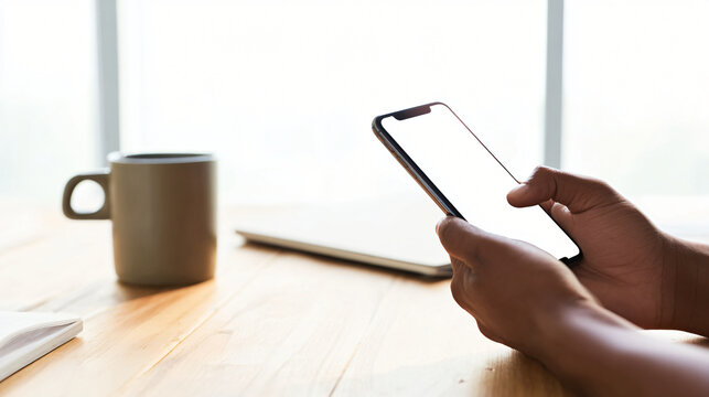 Authentic close-up lifestyle photograph of adult hands using a modern generic smartphone at a clean wooden desk, blank neutral interface with no readable content,