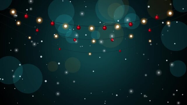 Christmas string lights background, with falling snow, festive holiday celebration, motion glowing bokeh, ornaments and winter atmosphere