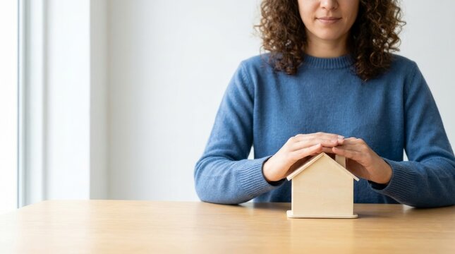 Woman protecting a wooden house model with her hands on a table, symbolizing home insurance, security, and real estate ownership.