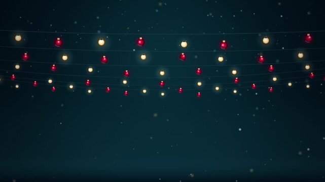 Christmas string lights background, with glowing red, and gold ornaments, and falling snow, particles holiday
