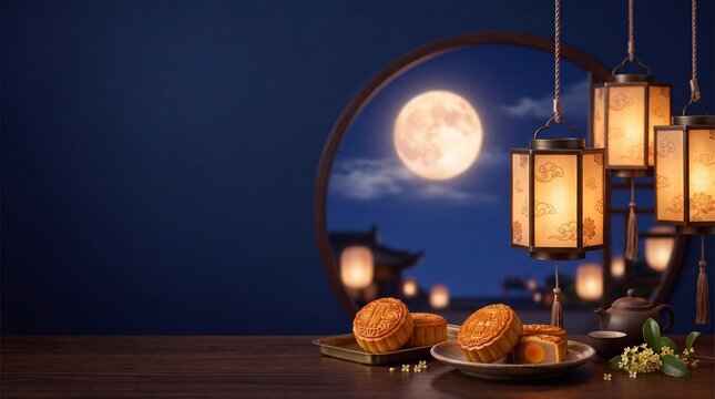 Traditional mooncakes and glowing lanterns celebrate the Mid-Autumn Festival.
