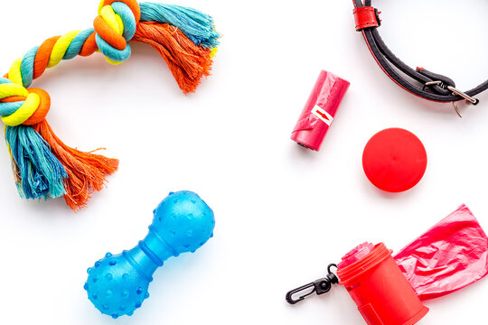 pet care and red grooming tools on white background top view space for text