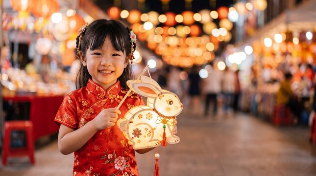 A smiling young girl holds a glowing rabbit lantern at night.