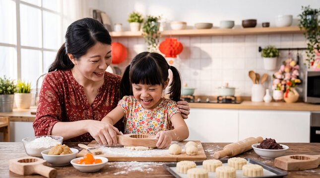A mother and daughter happily prepare mooncakes together in their kitchen.