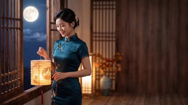 A woman in a cheongsam holds a lantern by a window.