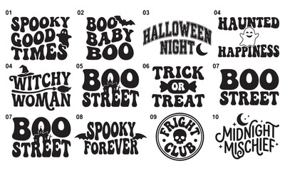 Obraz premium A set of ten retro wavy typography for halloween featuring ghosts, bats, witches, haunted houses, skulls, and spooky phrases on a plain white background, for apparel