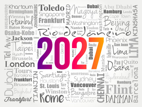 2027 word cloud featuring global city names including London, Dubai, Beijing, Rome, Singapore, Vancouver and Sydney in colorful calendar design.