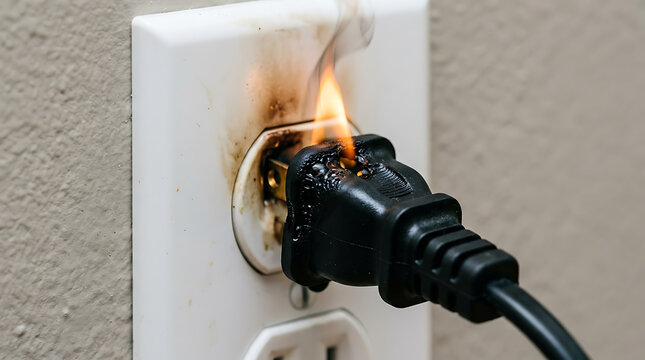 Burning electrical plug catching fire inside standard electrical wall outlet slot