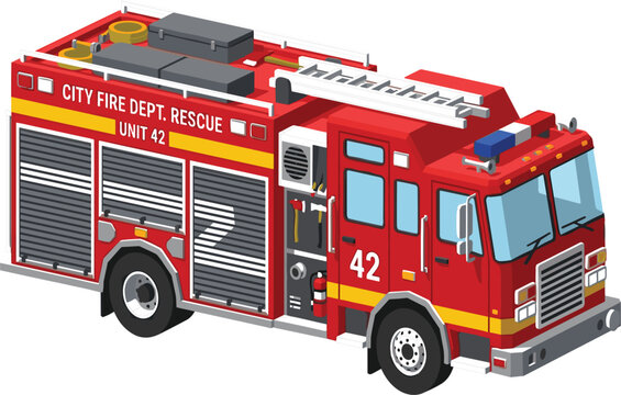 Modern red isometric fire engine rescue truck vector illustration featuring highly detailed city fire department emergency vehicle with ladders and sirens